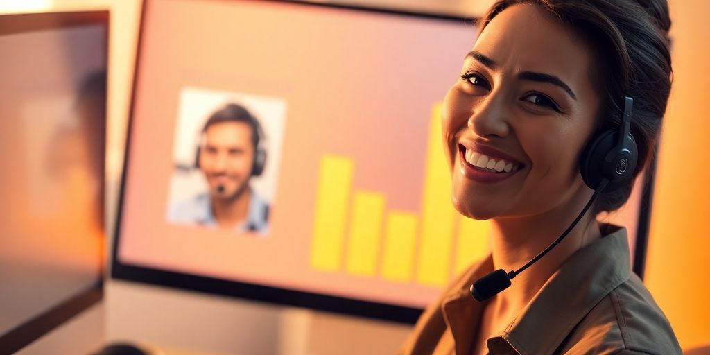 Customer support agent helping, revenue growing.