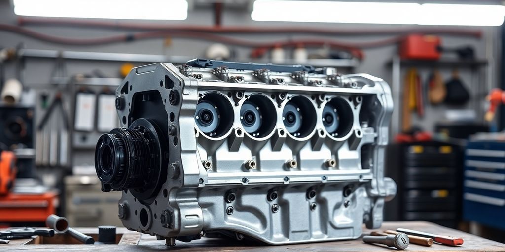 Shining Skoda engine block on a workshop bench.