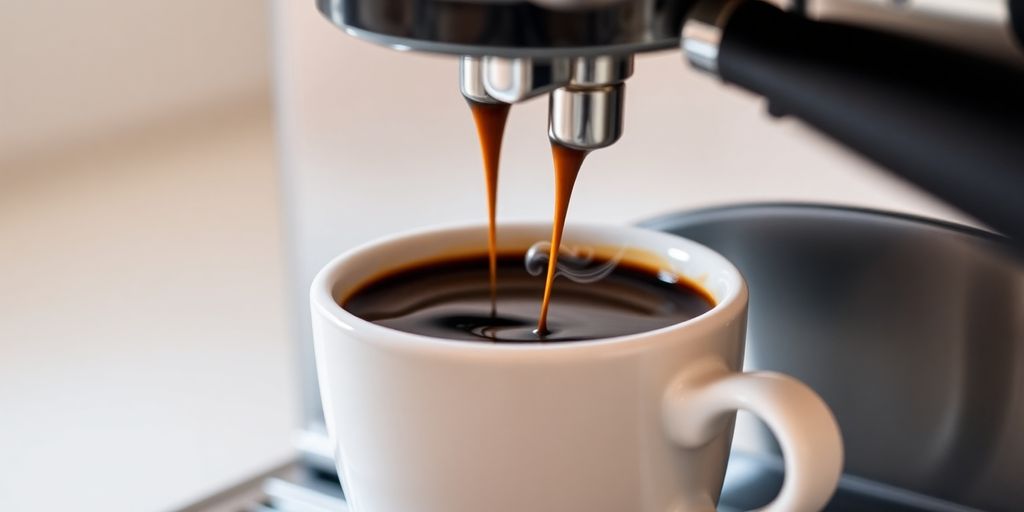 Ariete espresso machine brewing coffee, steam rising.