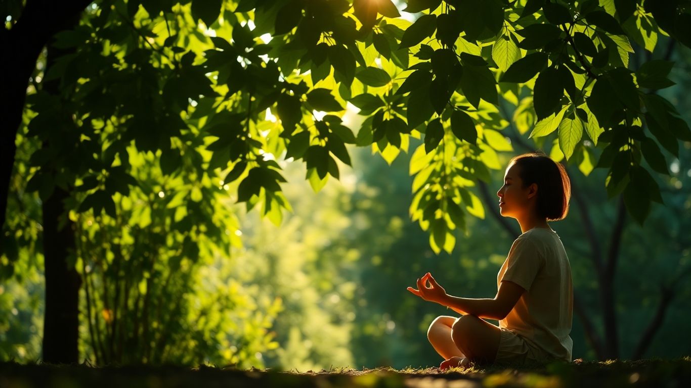 Person meditating peacefully in a sunlit natural setting.