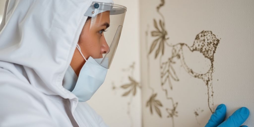 Technician inspecting mold in protective gear.
