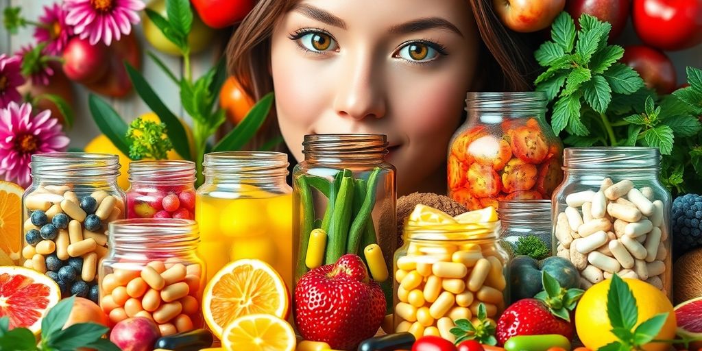 Colorful food supplements with glowing skin in background.