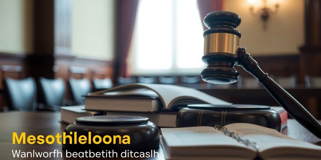 Courtroom with gavel and legal books in soft light.