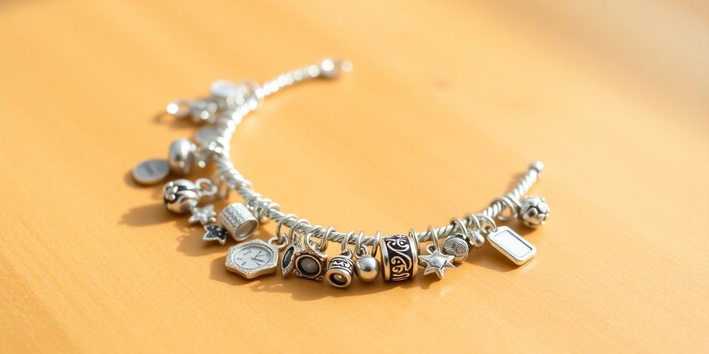 Close-up of a silver James Avery charm bracelet.
