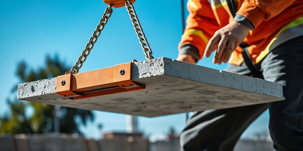 Worker lifting a concrete slab with hydraulic equipment.