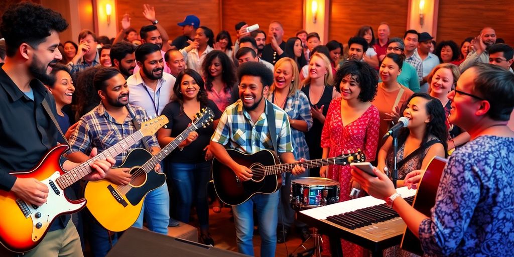 Diverse musicians performing in a vibrant worship setting.