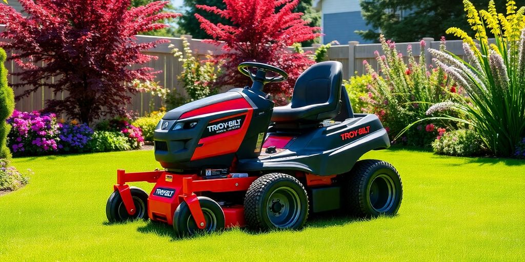 Troy-Bilt Super Bronco battery mower in a small yard.