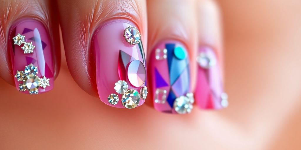 Unhas decoradas com pedrinhas brilhantes e elegantes.