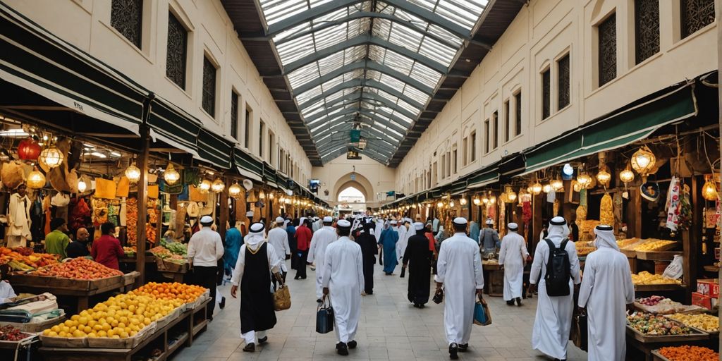 Bustling market with colorful stalls and shoppers