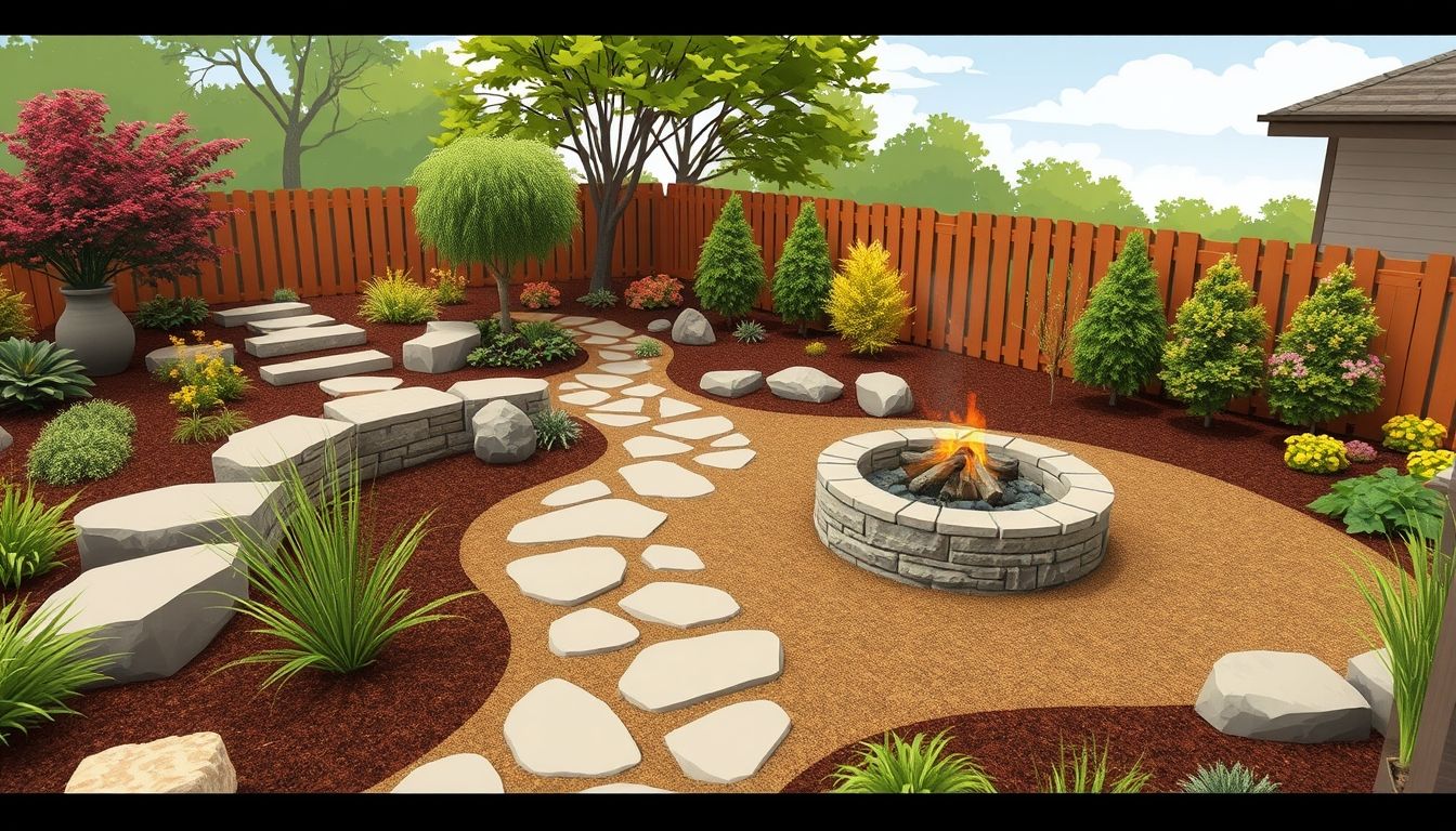 Backyard with stone pathways and fire pit