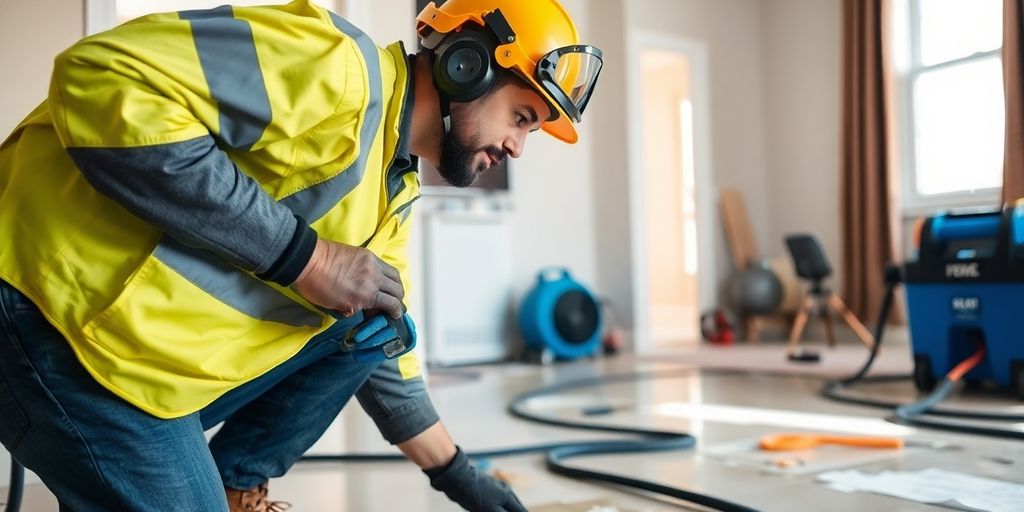 Technician assessing water damage in a residential property.