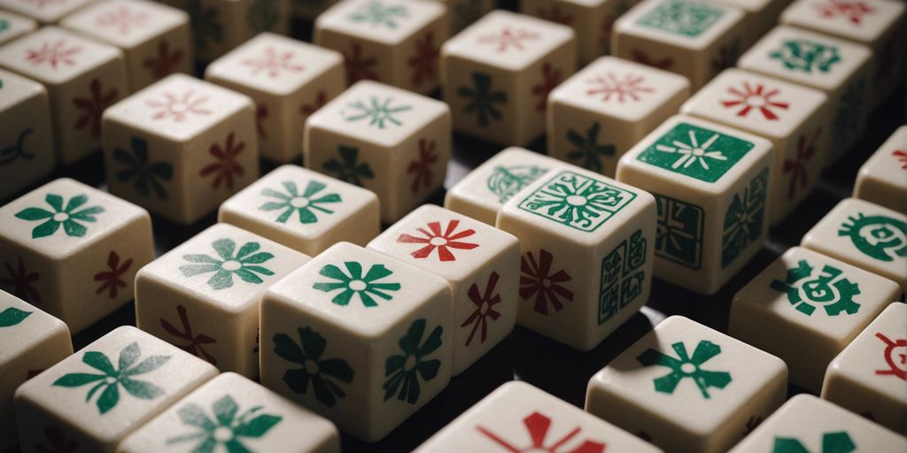 Close-up of War Mahjong tiles arranged strategically, showcasing intricate designs and soft shadow effects.