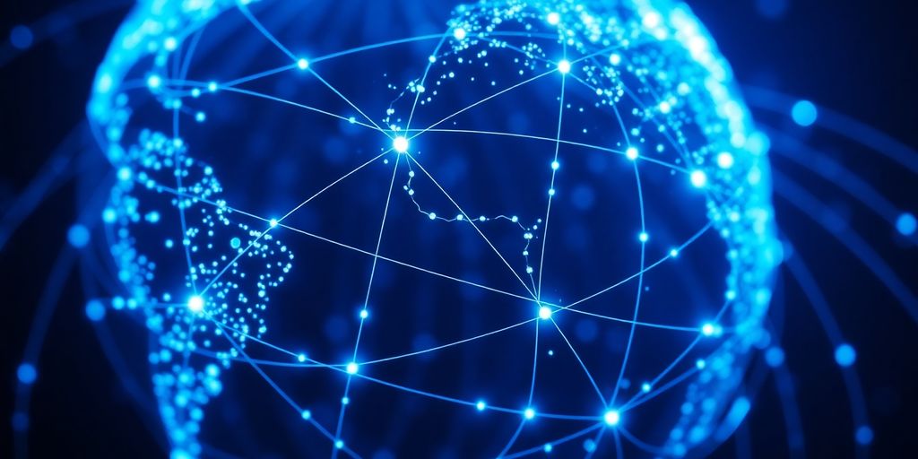 Interconnected global network of glowing lines.