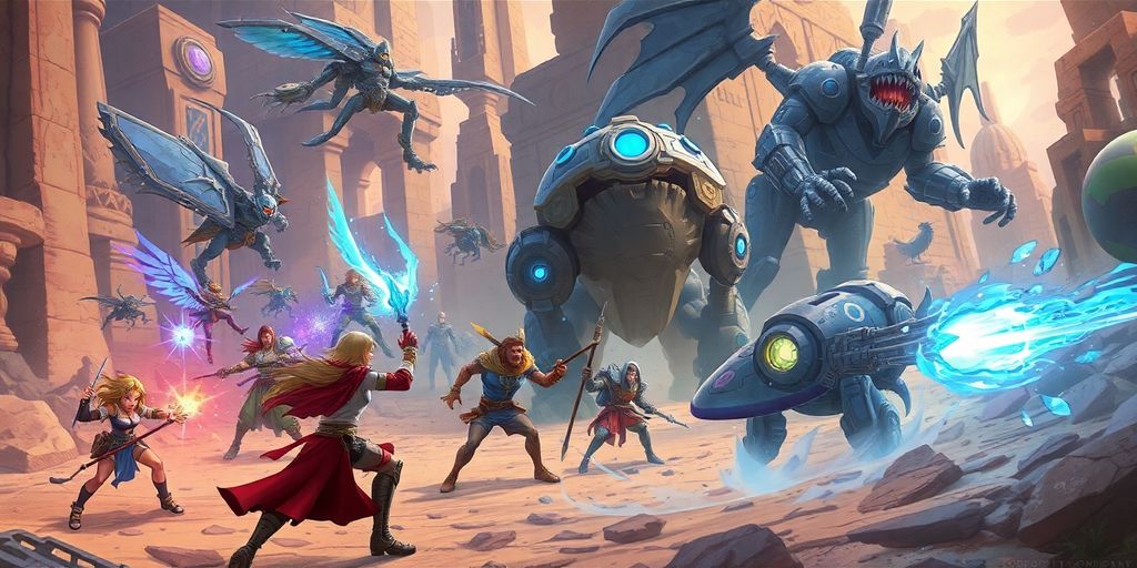 Fantasy hero battling futuristic creatures, magical glowing effects.