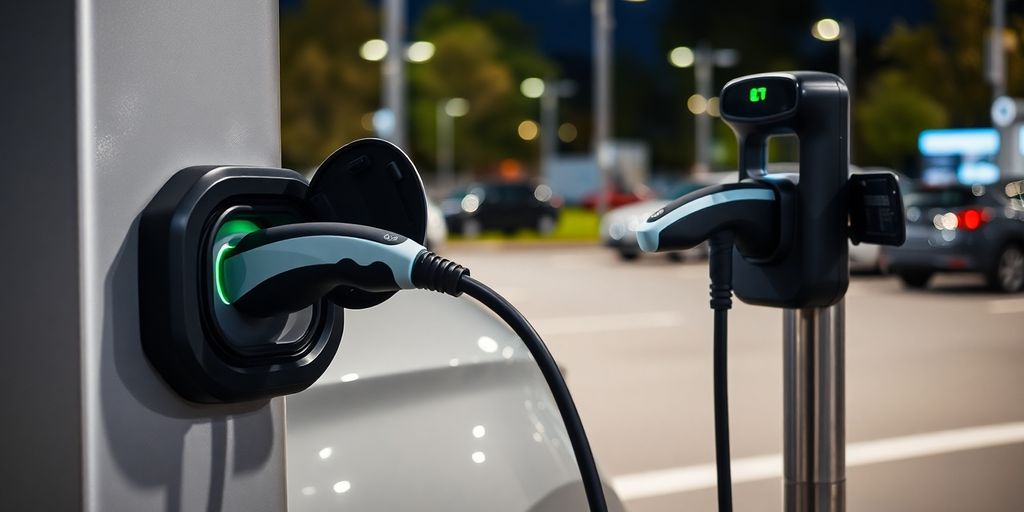 Electric car charging at a public station.