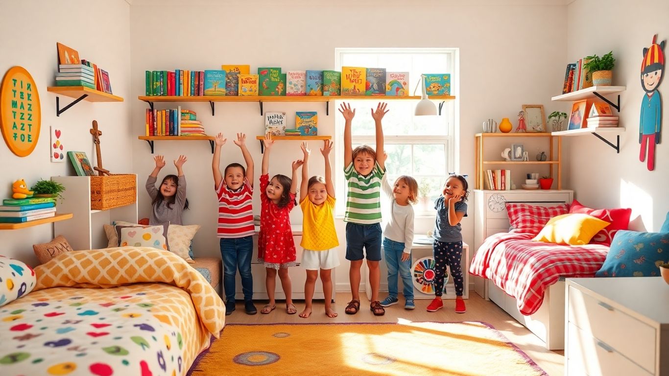 Children reaching for books on colorful wall-mounted shelves