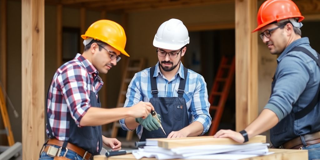 Construction workers collaborating on a build site.