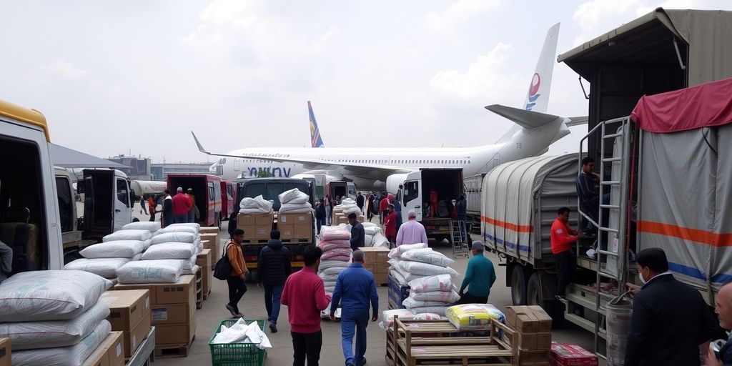 Cargo terminal with workers and vehicles