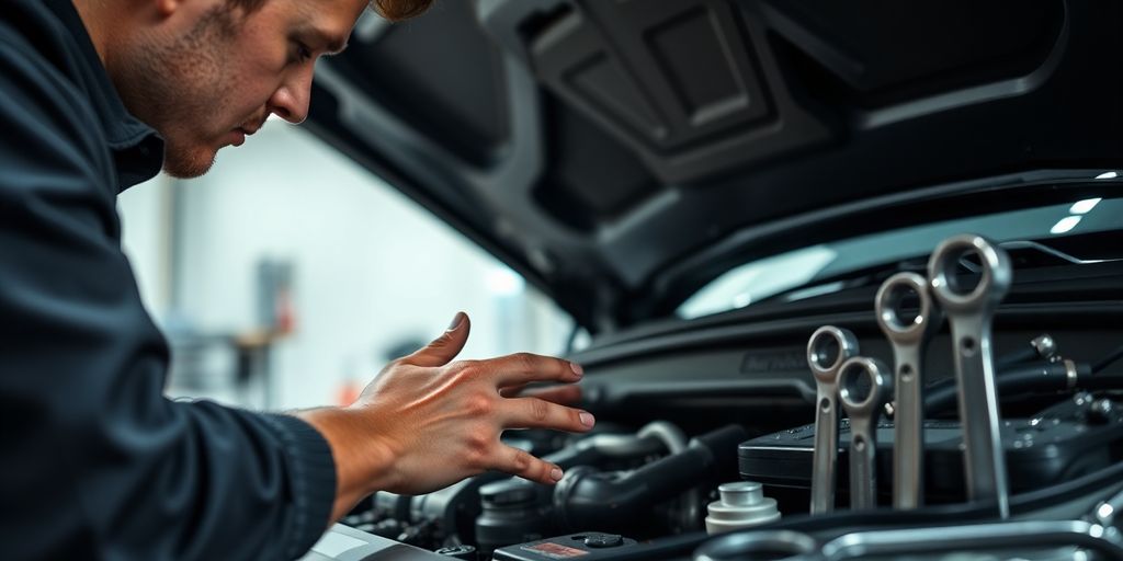 Mechanic inspecting car engine with tools.