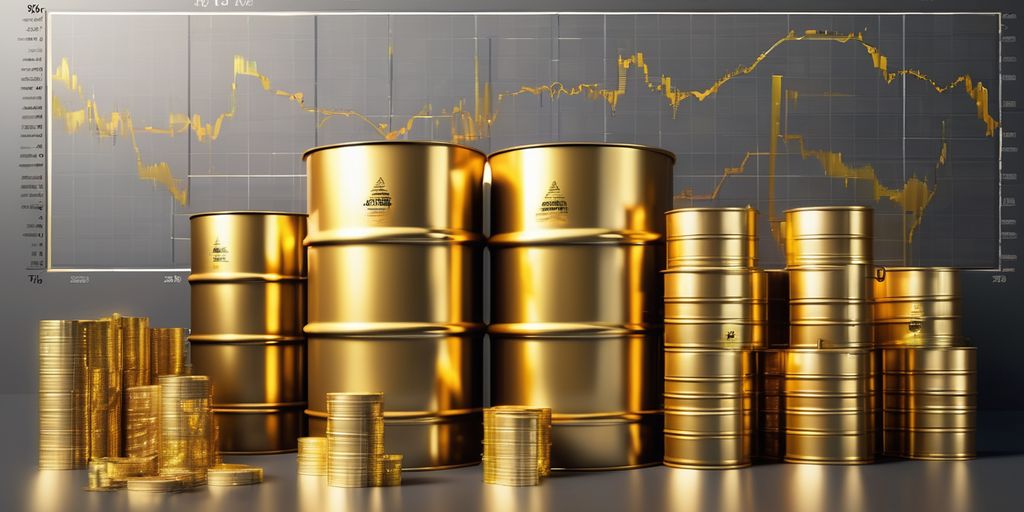 gold and oil barrels with financial charts