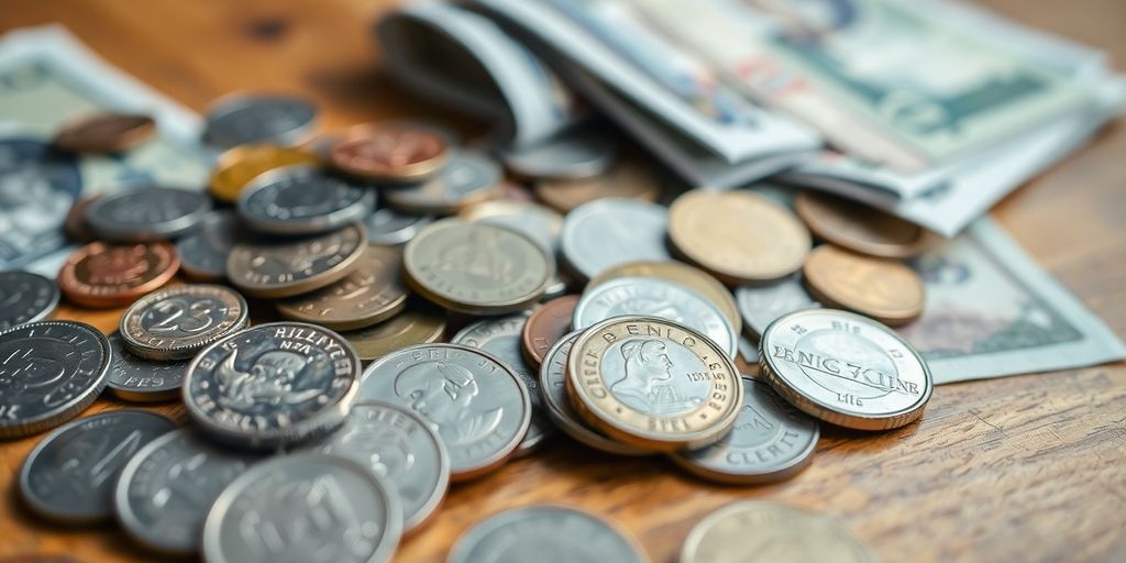 Des pièces et billets éparpillés sur une table en bois.