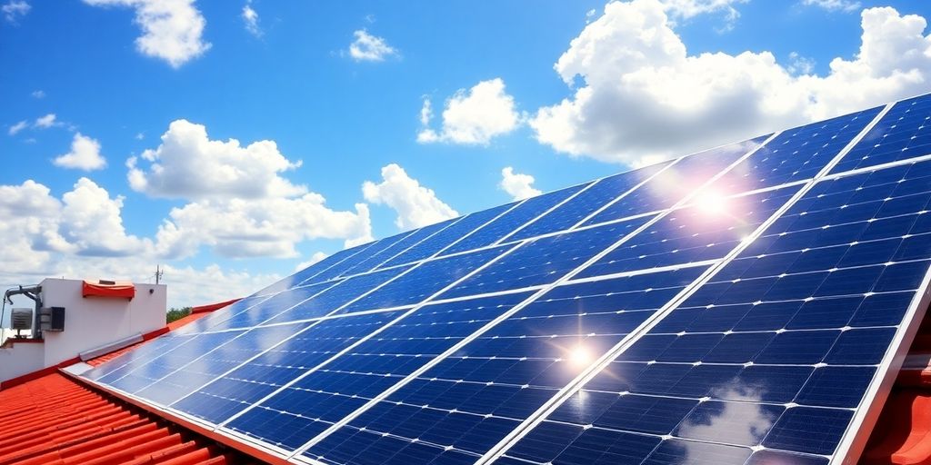 Solar panels on a rooftop under a clear blue sky.