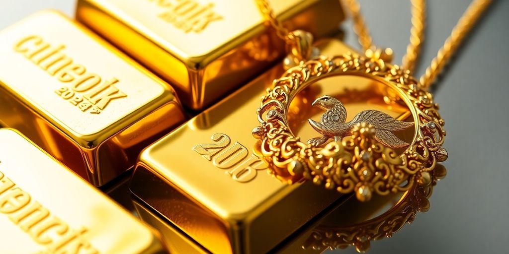 Lingots d'or et bijoux en gros plan sur fond neutre.