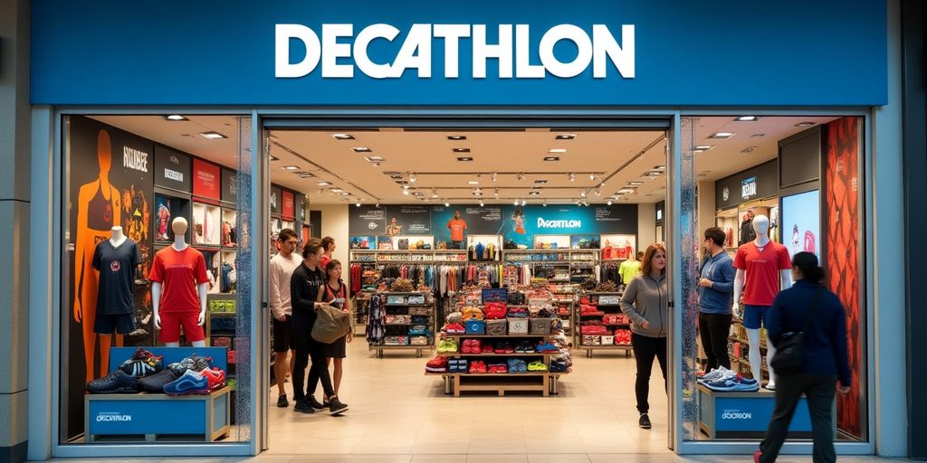 Eingang eines Decathlon Geschäfts mit Sportausrüstung.