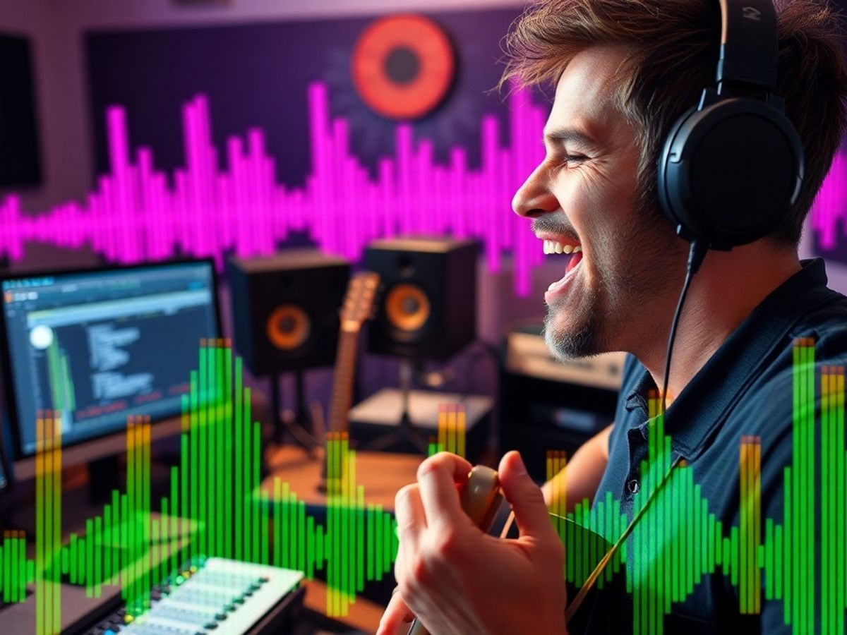 Musician in studio creating music with instruments and software.