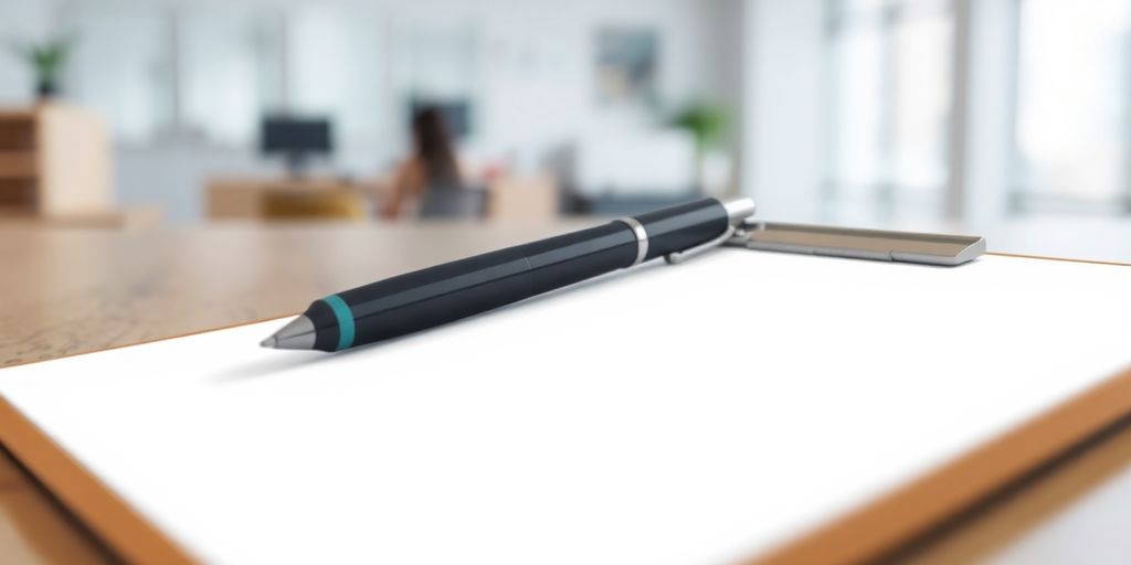 Clipboard with a pen resting on top.