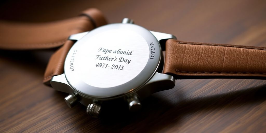 Custom engraved watch with leather strap on wooden background.