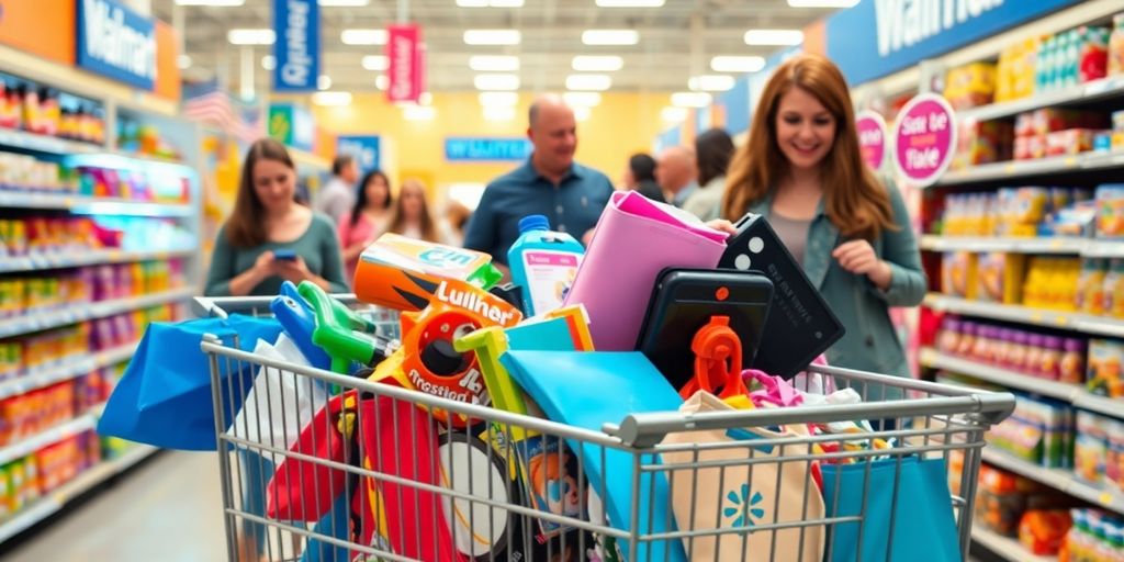 Shopping cart with clearance items, happy shoppers.