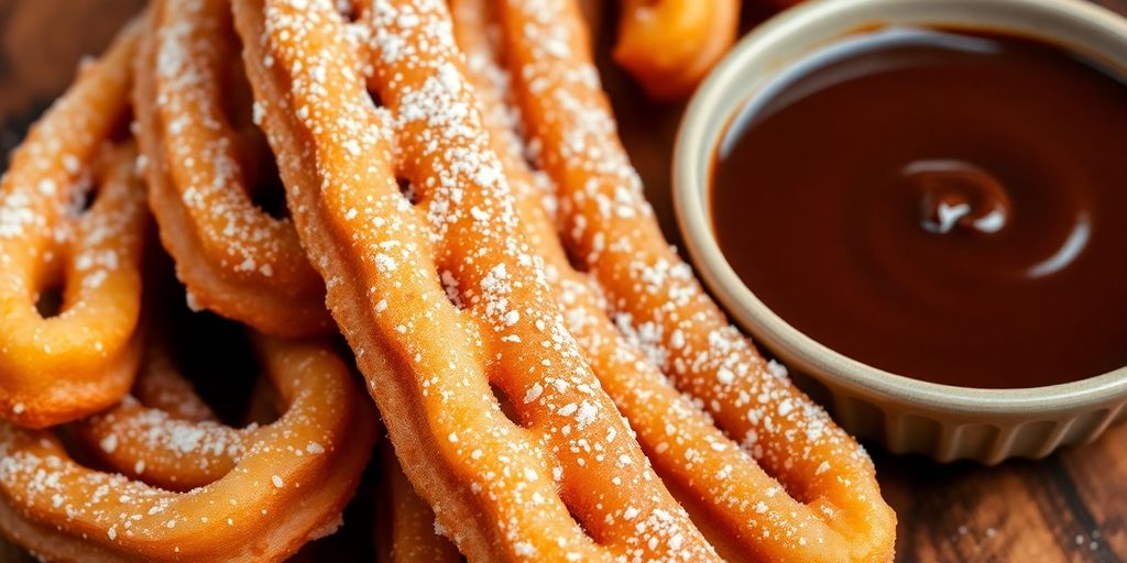 Churros caseros dorados con azúcar y chocolate.
