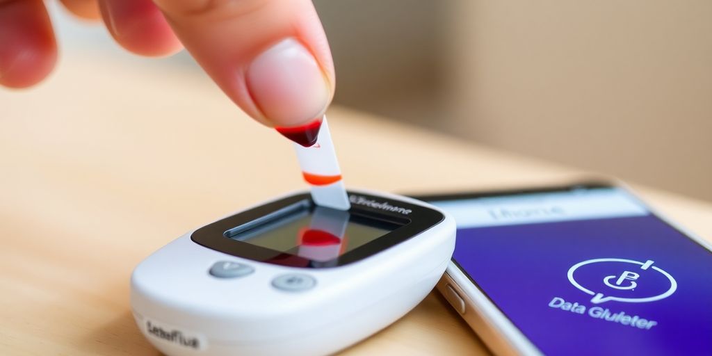 Person's finger pricked, glucometer displaying results, smartphone nearby.