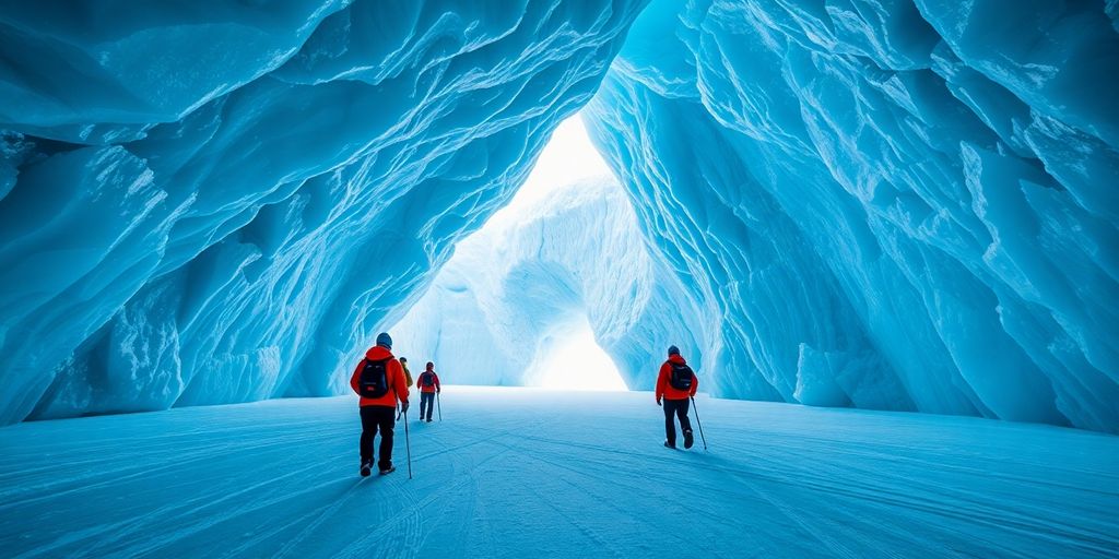 Explorers with helmets inside a vast, glowing blue ice cave.