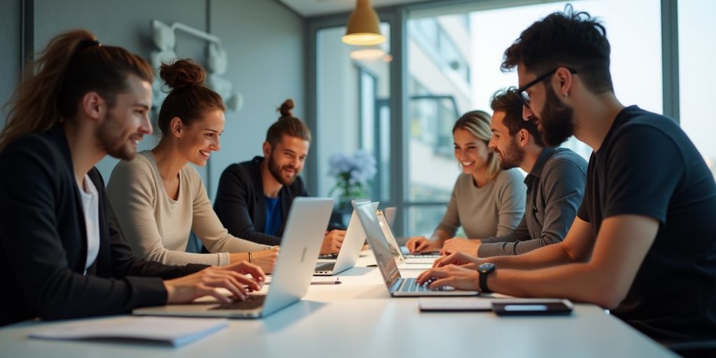 Team collaborating in a modern office environment.