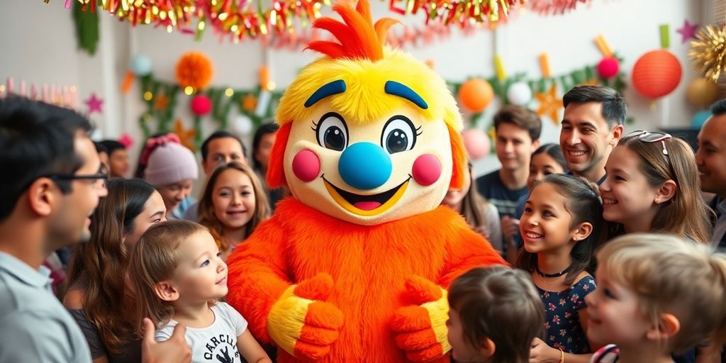 Custom mascot entertaining guests at a lively party.