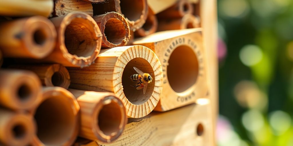 Nahaufnahme: Bienenhotels Detailaufnahme mit Biene