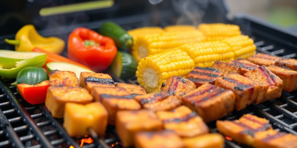 Grilled veggies and plant-based protein on a barbecue.