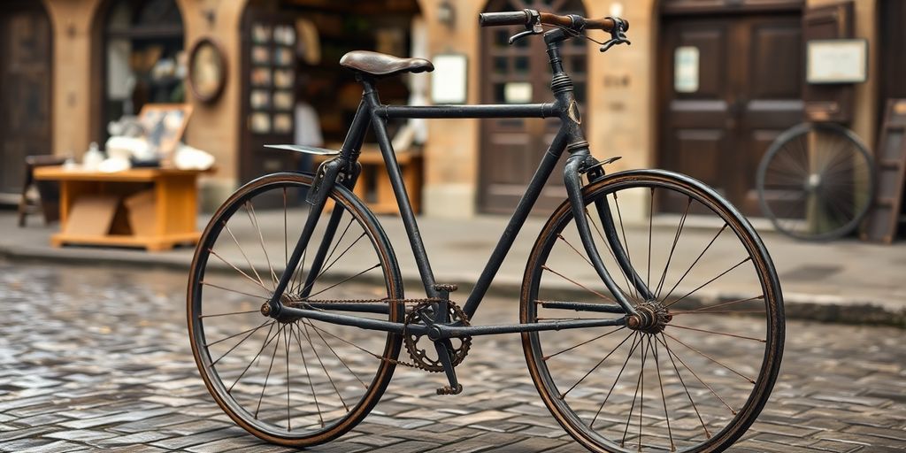 A vintage 19th-century bicycle on a cobblestone street.