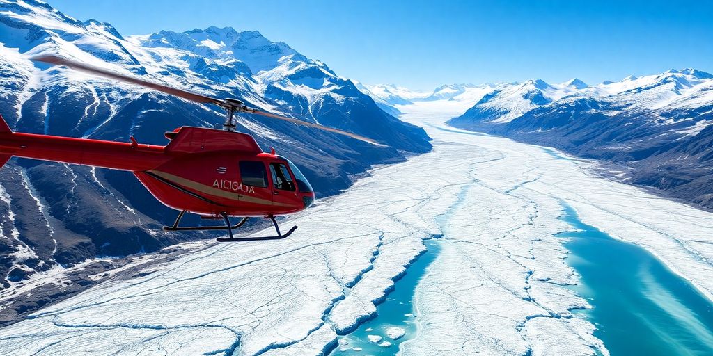 A red helicopter flying over a massive Alaskan glacier.
