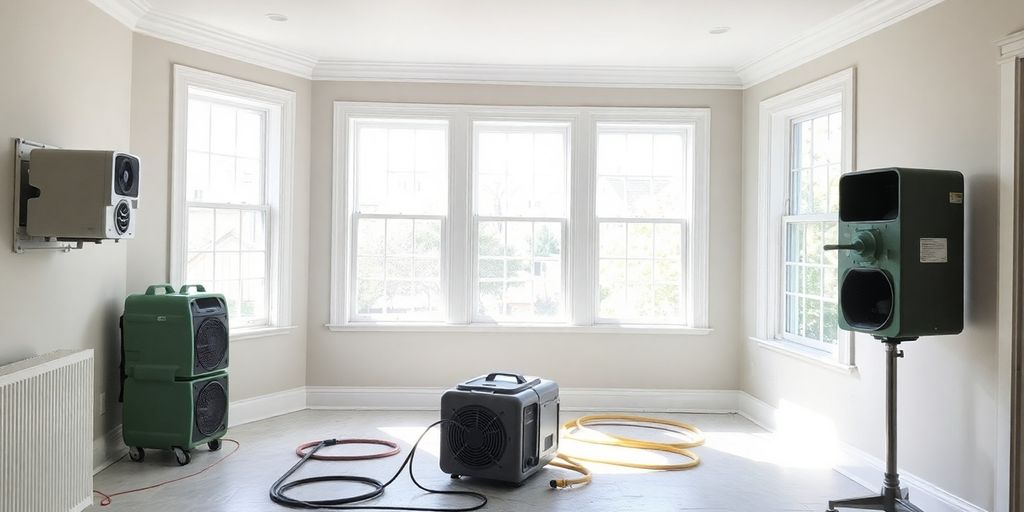 Restoration of a water-damaged room with drying equipment.