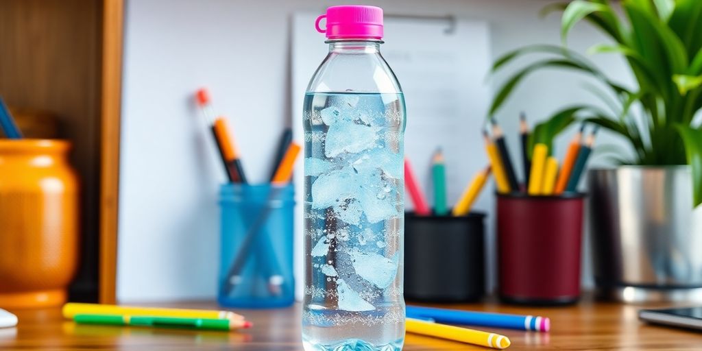 Colorful water bottle on a bright office desk.