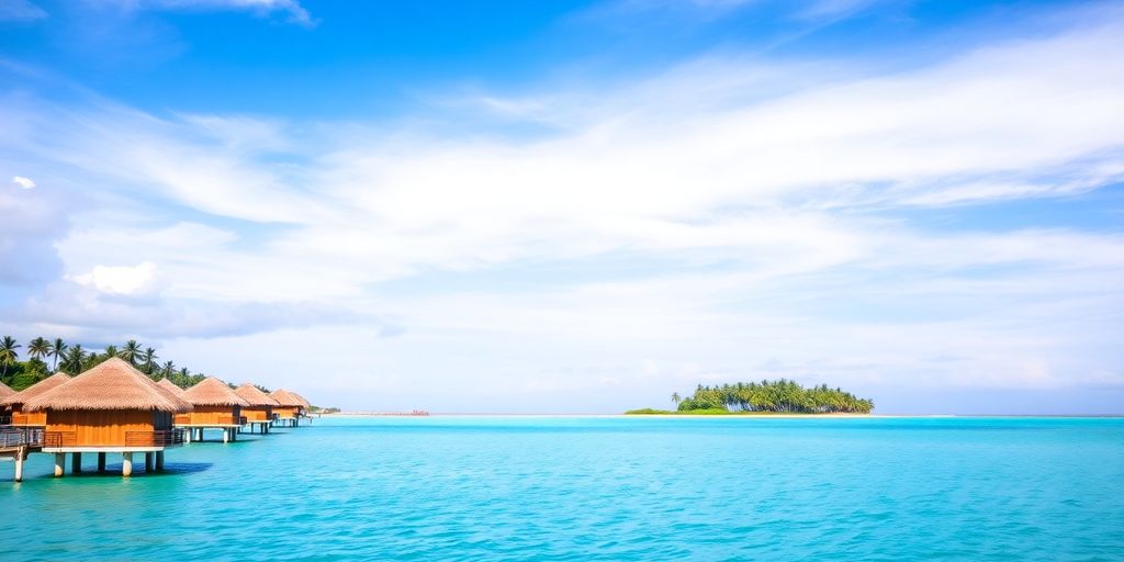 Overwater bungalows with clear turquoise water and palm trees.