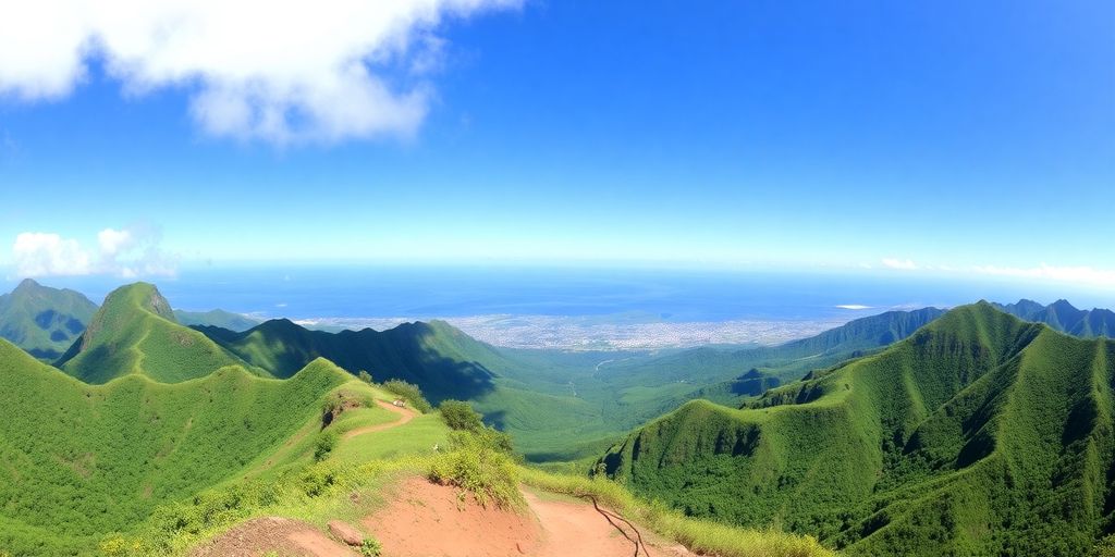 Hikers ascend a scenic Oahu trail with lush green mountains.