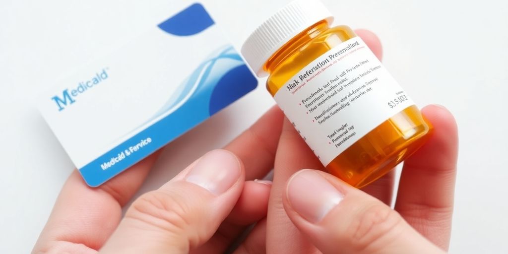 Person holding prescription bottle with Medicaid card.
