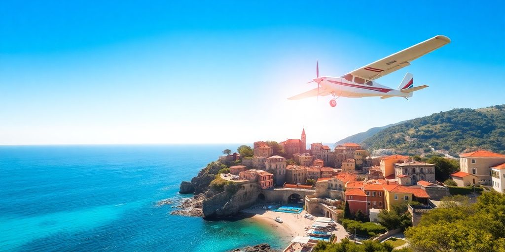 Scenic European landscape with a budget airline.