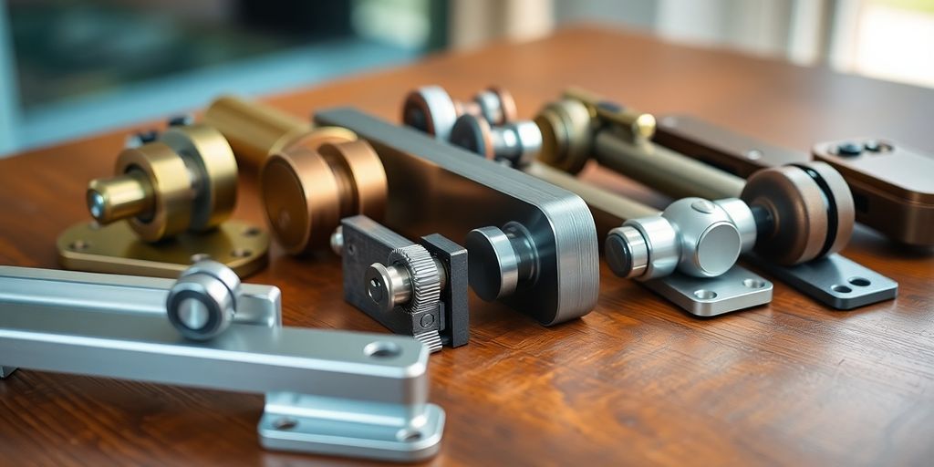 Close-up of sliding glass door locks on a table.