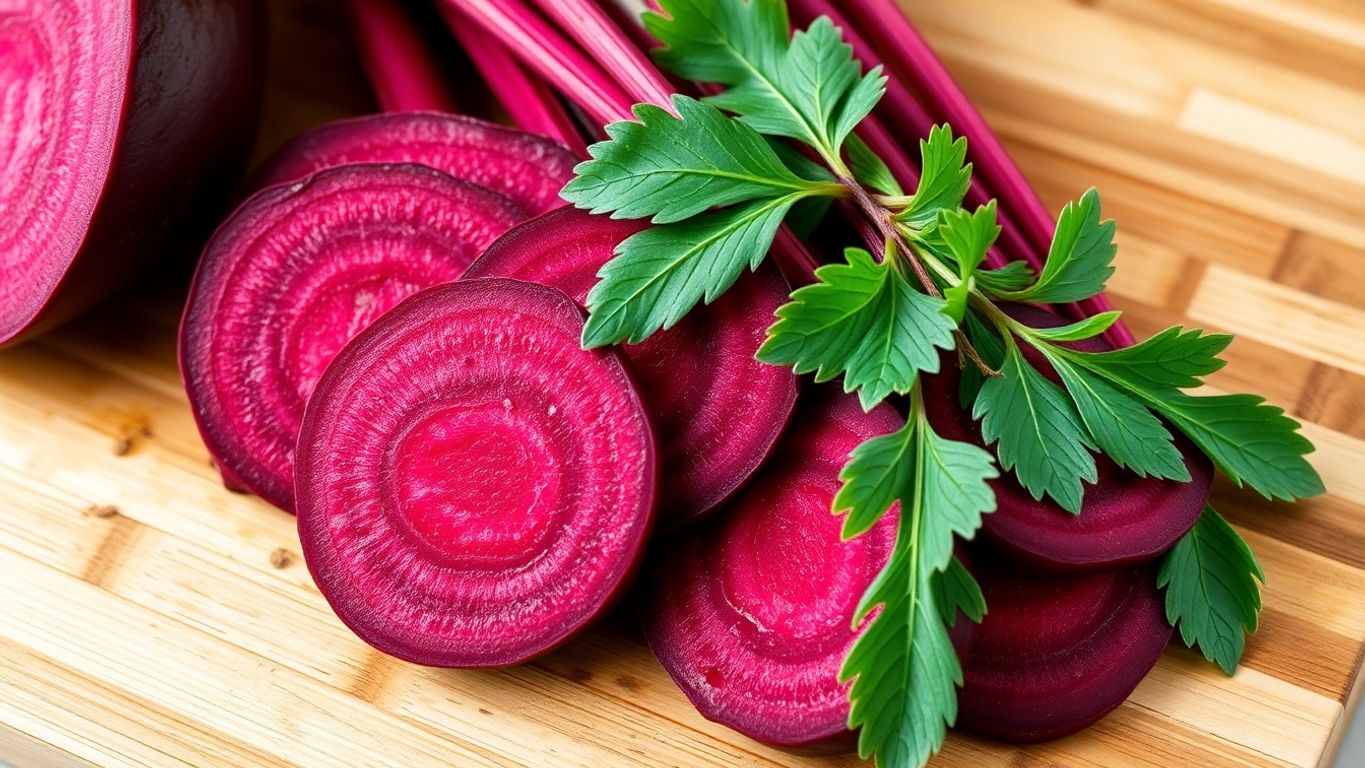 Fresh sliced beets on a wooden cutting board.