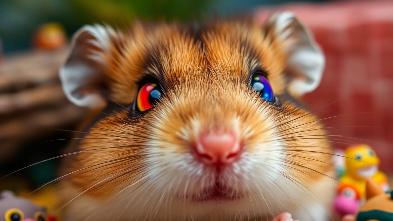 Olhos de hamster em cores vibrantes e detalhes da pelagem.